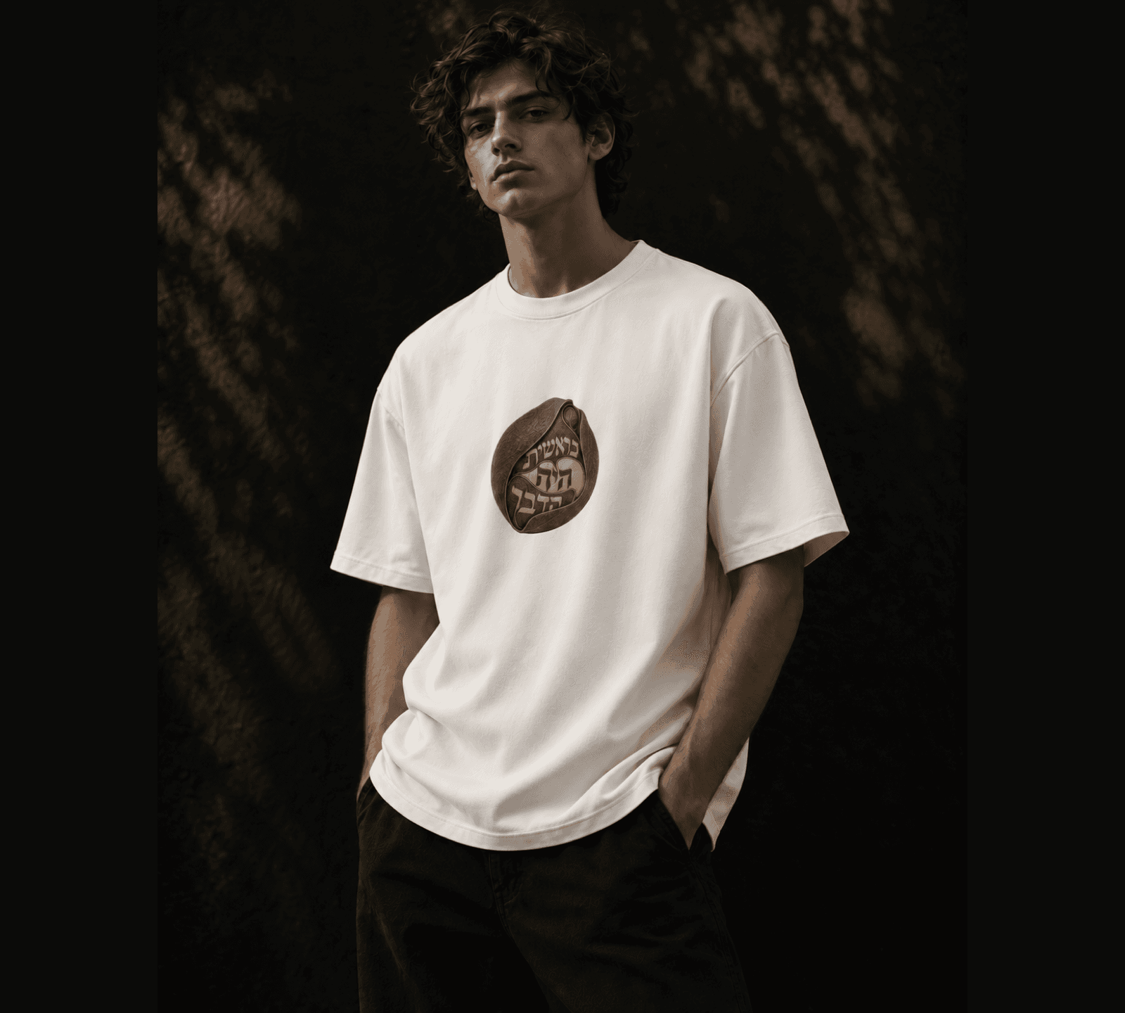 Generated campaign visualization of a model wearing the pearl SEED / CANOPY tee with the complete Hebrew seed artwork visible at the front.