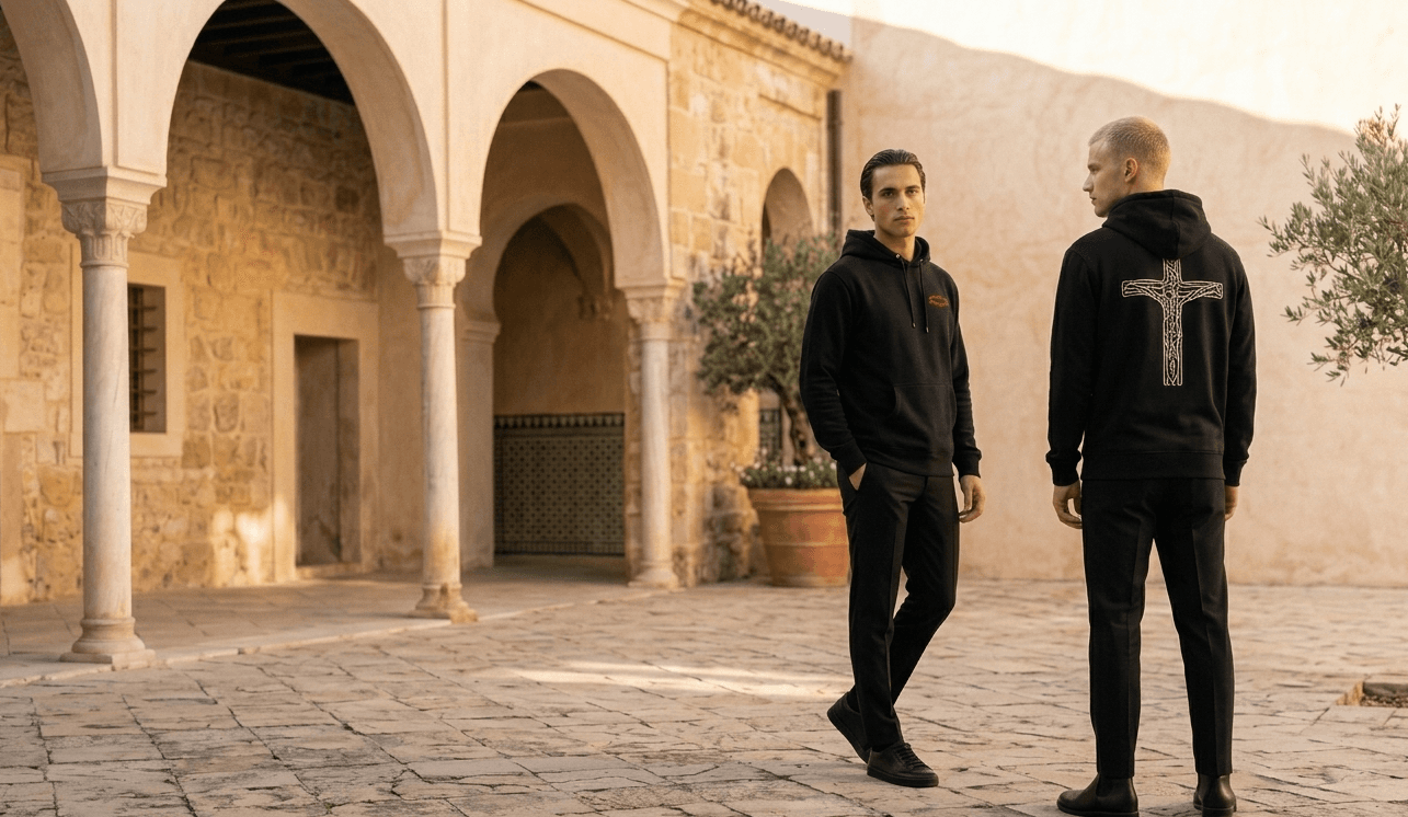 Two models in the SUESTAUROMAI hoodie release standing in a stone courtyard.