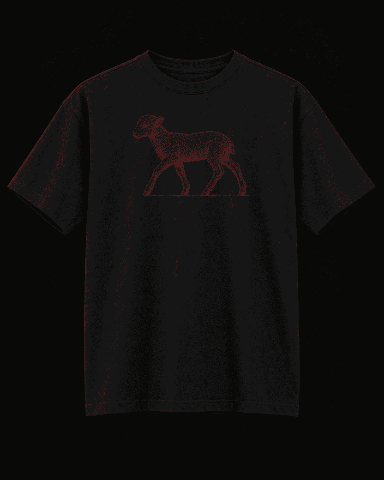 Front studio design visualization of the black LAMB / MOUNTAIN heavyweight tee with oxblood artwork.