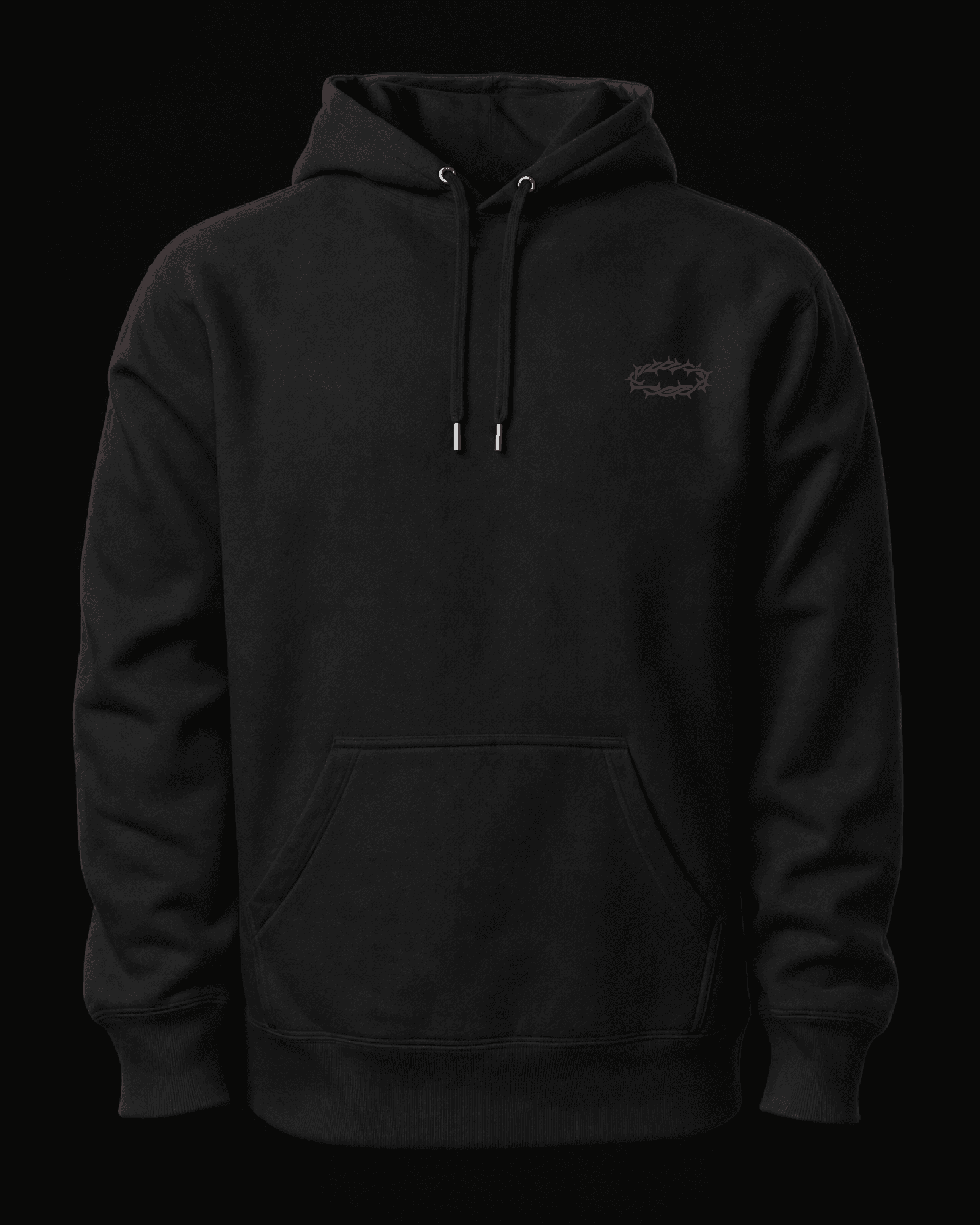 Front studio design visualization of the black SUESTAUROMAI hoodie with oxblood chest embroidery.