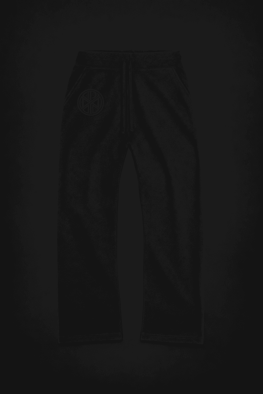 Generated front visualization of the black SUESTAUROMAI pant with a tonal ORISETNA monogram at the right thigh.